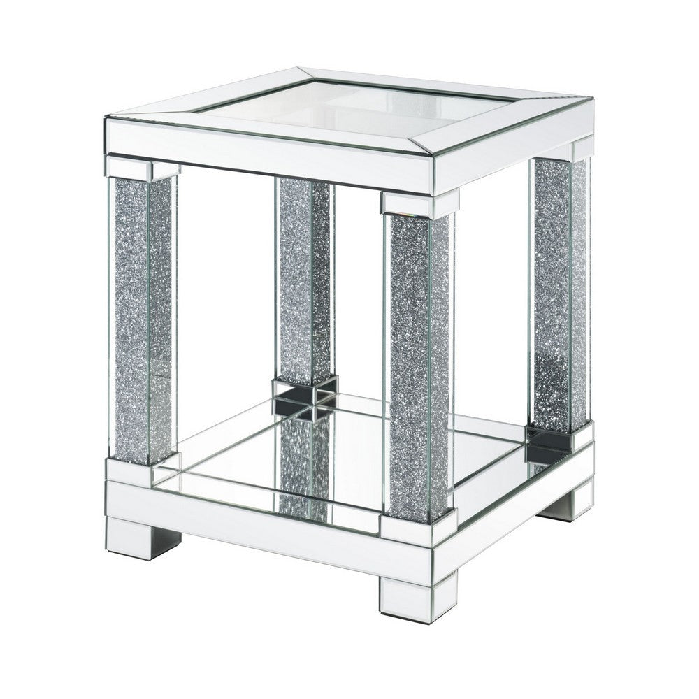 End Table with Faux Gemstone Accents and Mirrored Open Bottom Shelf, Silver By Casagear Home