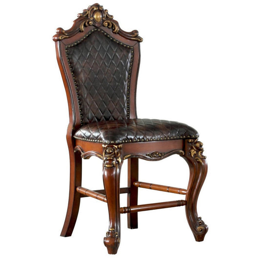 Leatherette Padded Counter Height Chair with Carvings, Set of 2, Brown By Casagear Home