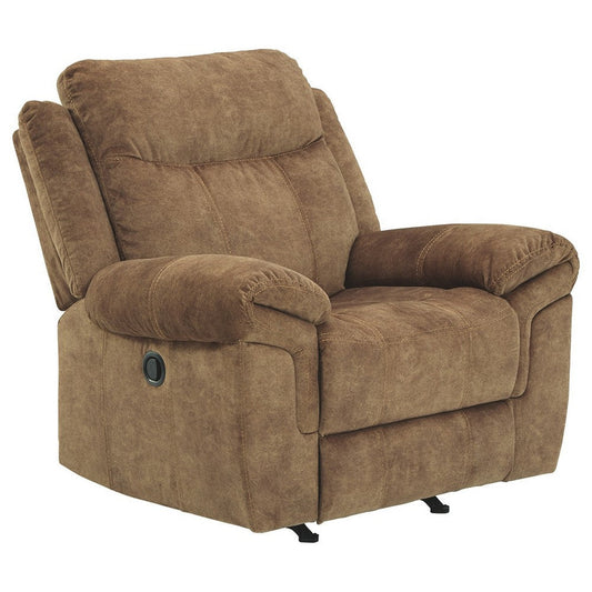 Fabric Upholstered Pull Tab Rocker Recliner with Pillow Top Armrests, Brown By Casagear Home