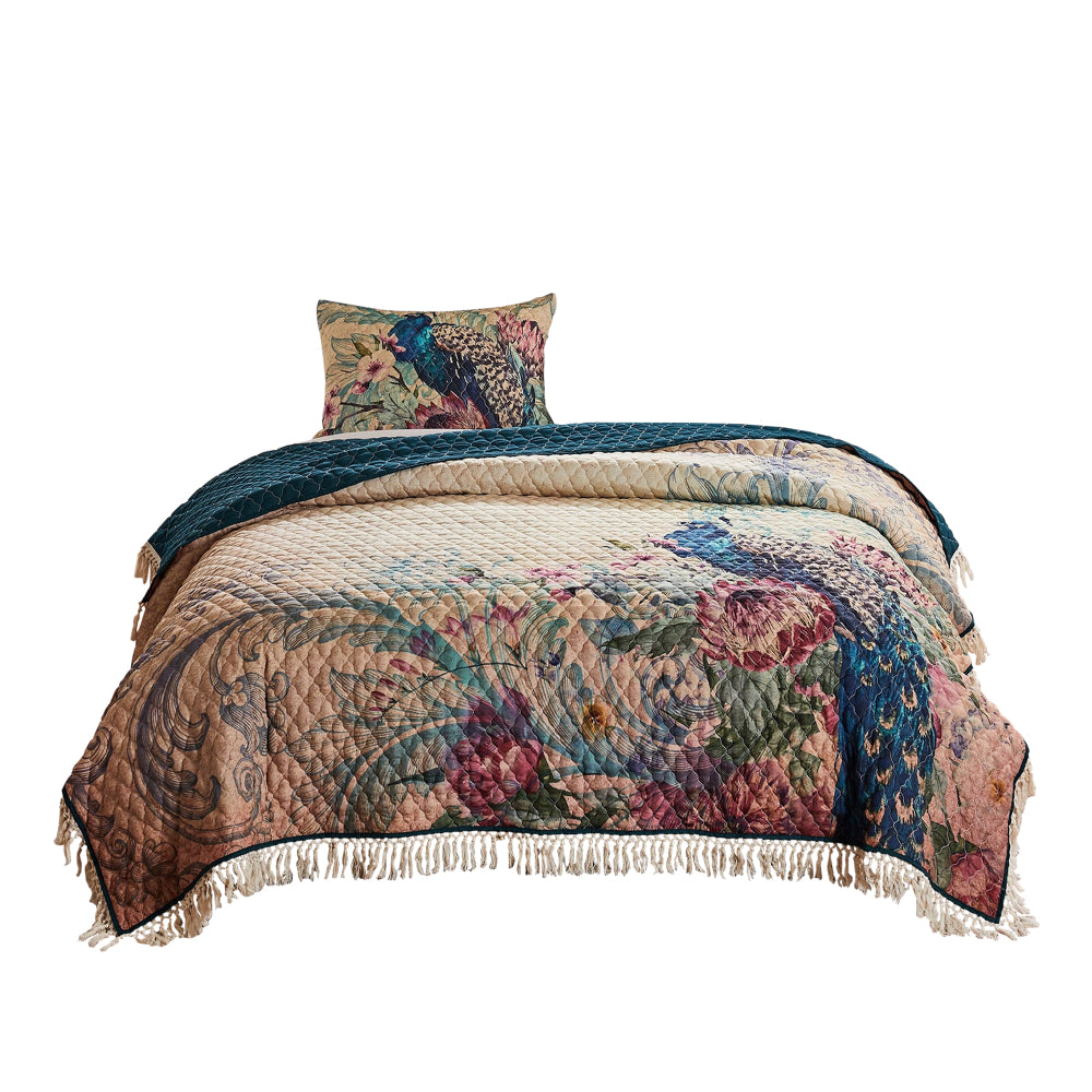 2 Piece Twin Size Quilt Set with Floral Print and Crochet Trim Multicolor By Casagear Home BM226417