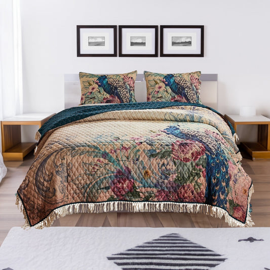 3 Piece Queen Size Quilt Set with Floral Print and Crochet Trim, Multicolor By Casagear Home