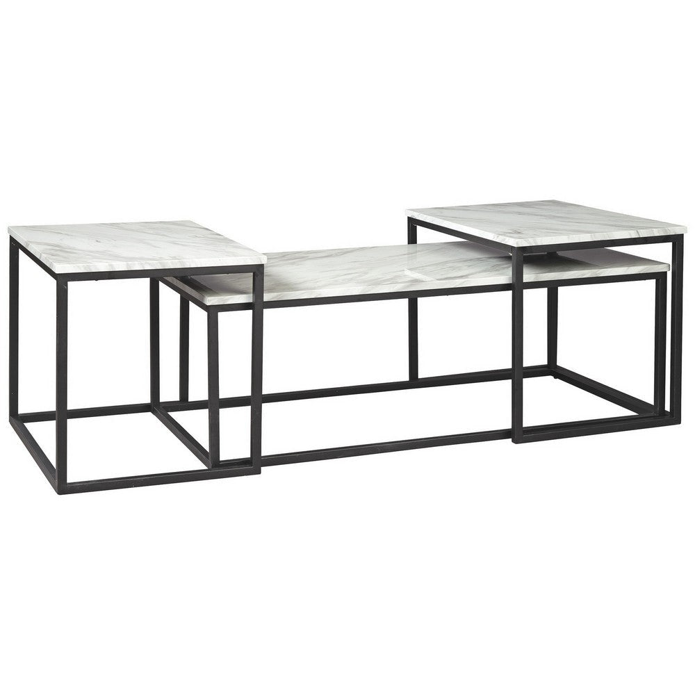 3 Piece Occasional Table, Metal Frame, Marble Top, White and Black By Casagear Home