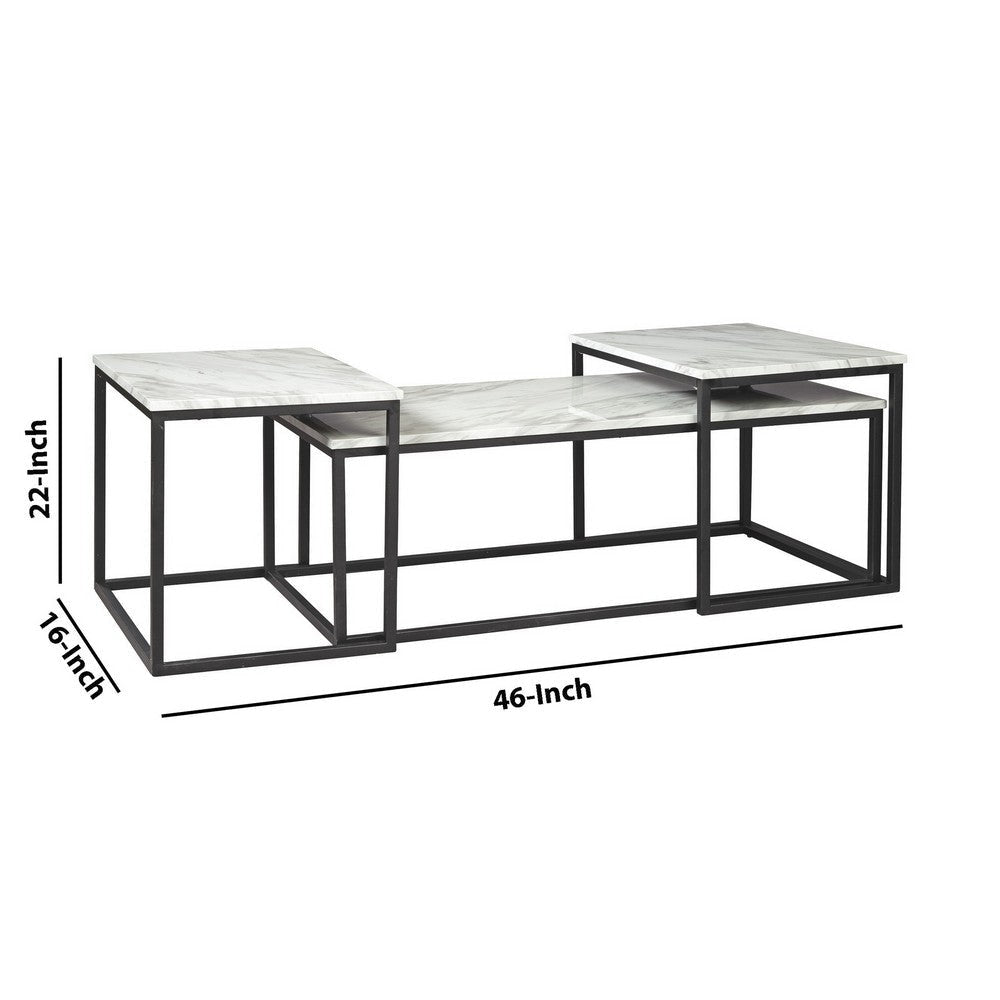 3 Piece Occasional Table Metal Frame Marble Top White and Black By Casagear Home BM226510