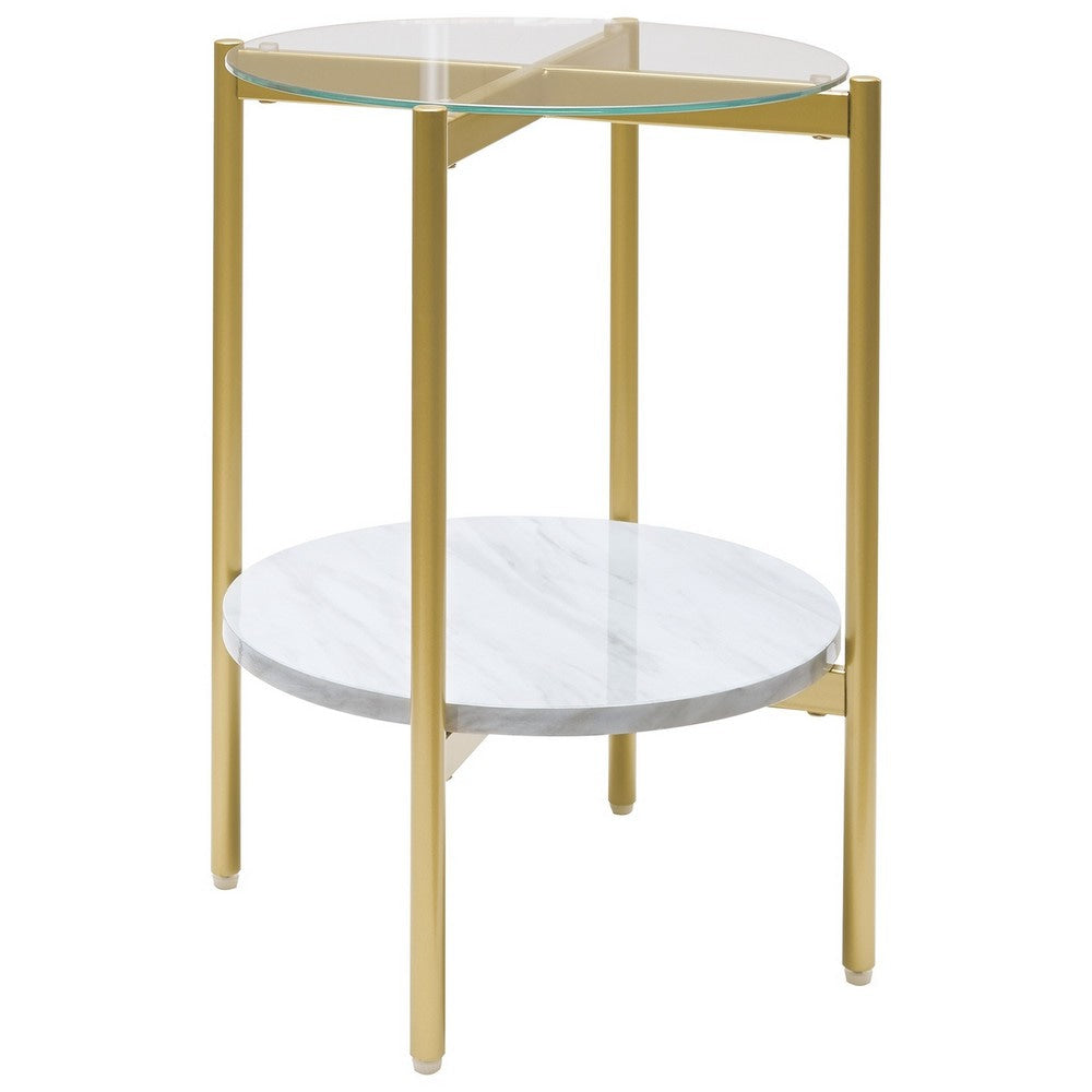 Glass Top Metal End Table with Marble Shelf, Gold and White By Casagear Home