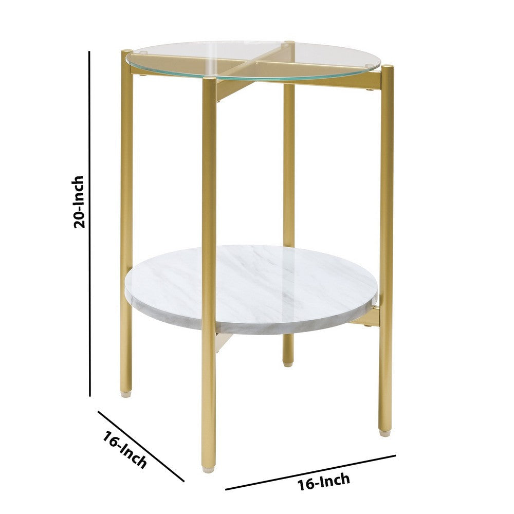 Glass Top Metal End Table with Marble Shelf Gold and White By Casagear Home BM226512