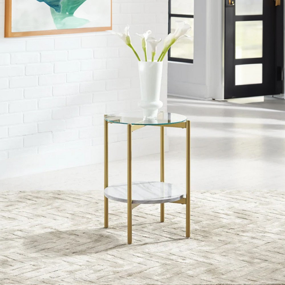 Glass Top Metal End Table with Marble Shelf Gold and White By Casagear Home BM226512