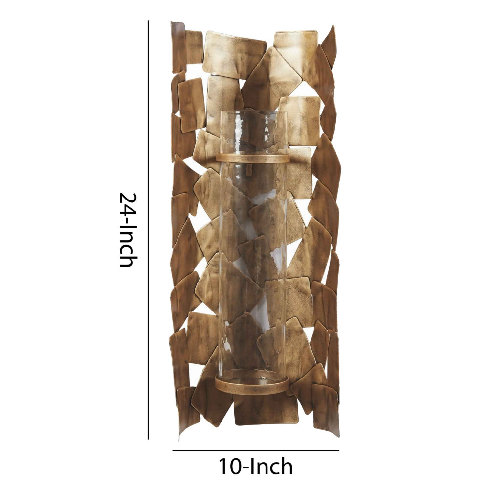 Bulged Frame Metal Wall Sconce with Candle Holder,Antique Gold By Casagear Home BM226522