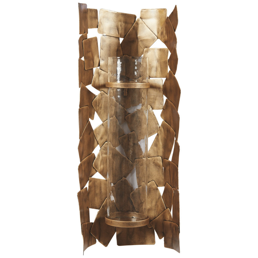 Bulged Frame Metal Wall Sconce with Candle Holder,Antique Gold By Casagear Home BM226522