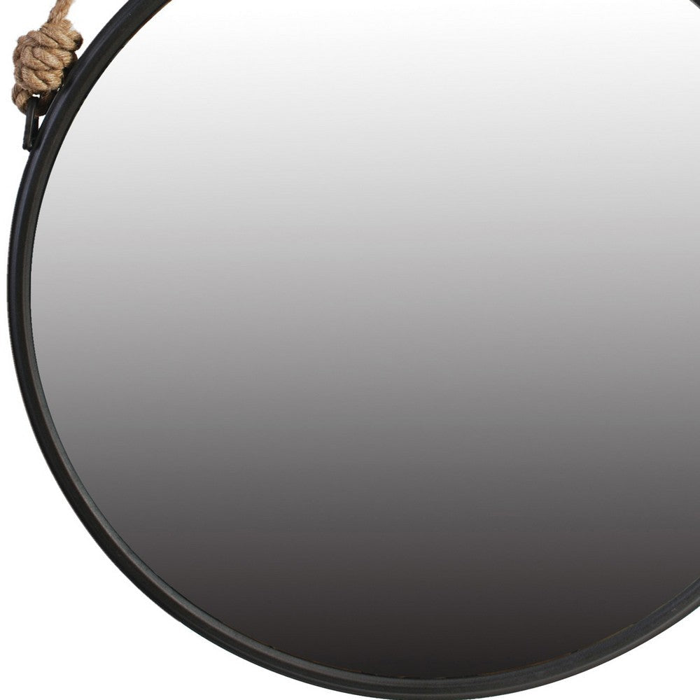 Round Metal Encased Mirror with Braided Rope Hanger Black By Casagear Home BM226817