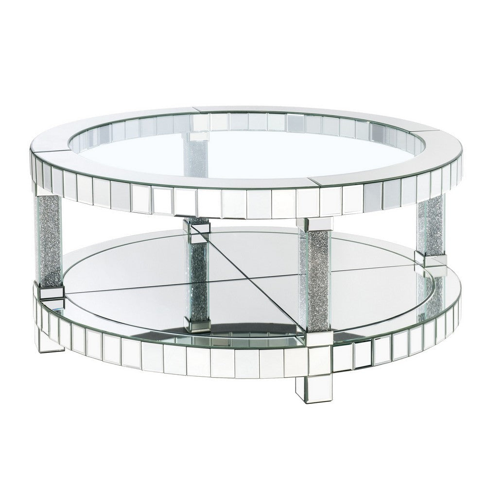 Round Mirrored Coffee Table with Faux Diamond and Bottom Shelf, Silver By Casagear Home