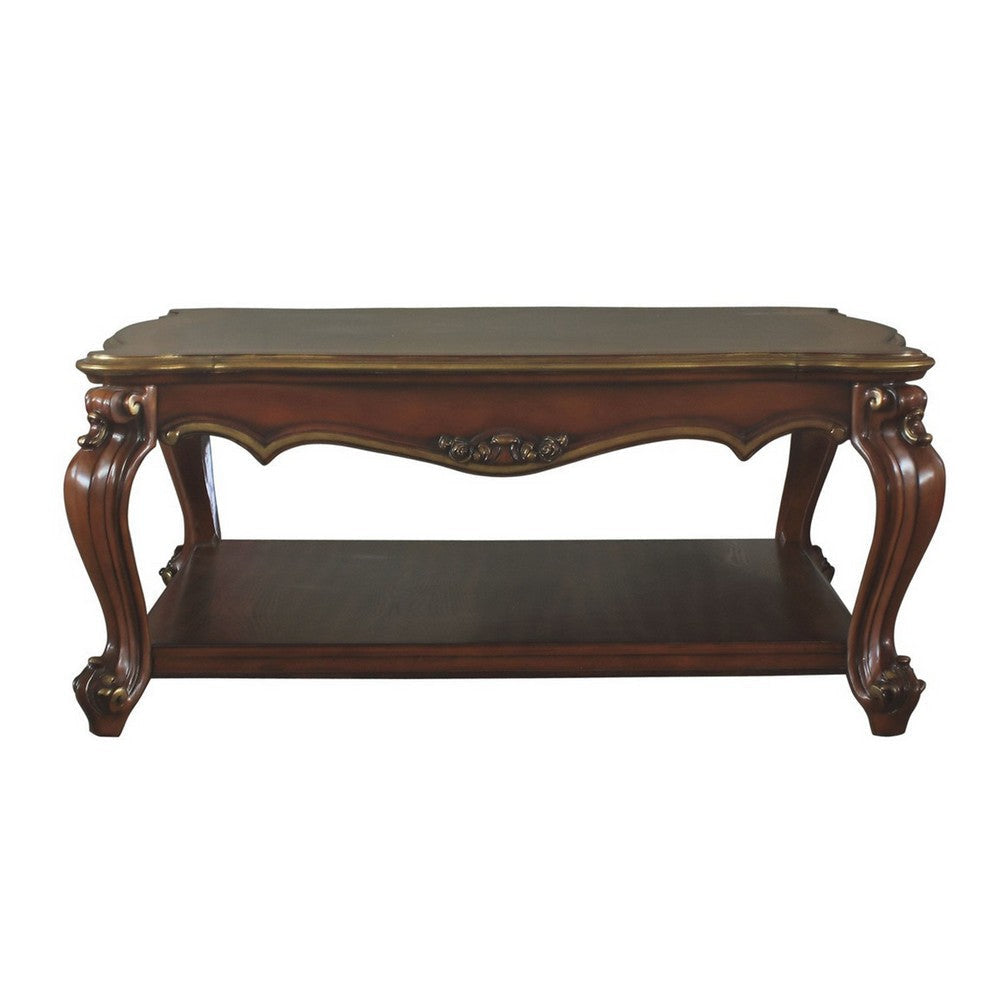 Scalloped Top Wooden Coffee Table with Queen Anne Legs Cherry Brown By Casagear Home BM226900