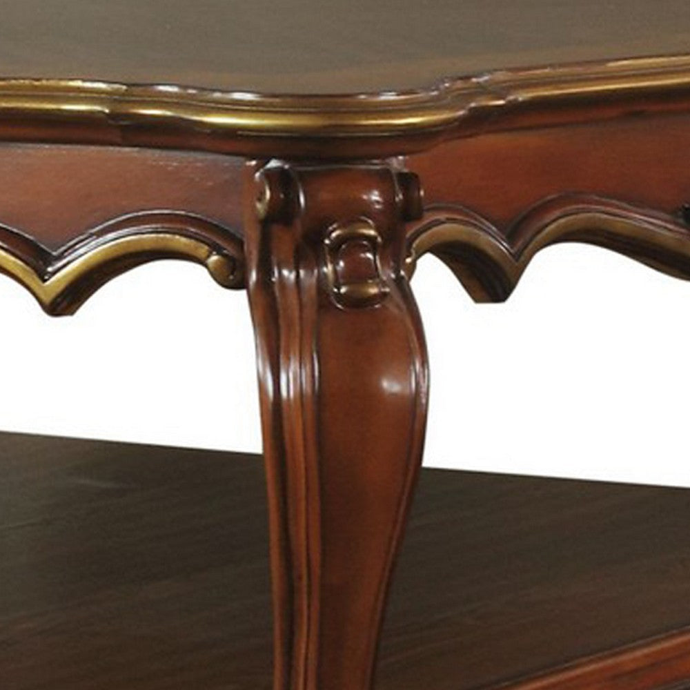 Scalloped Top Wooden Coffee Table with Queen Anne Legs Cherry Brown By Casagear Home BM226900