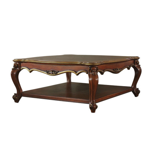 Scalloped Top Wooden Coffee Table with Queen Anne Legs, Cherry Brown By Casagear Home