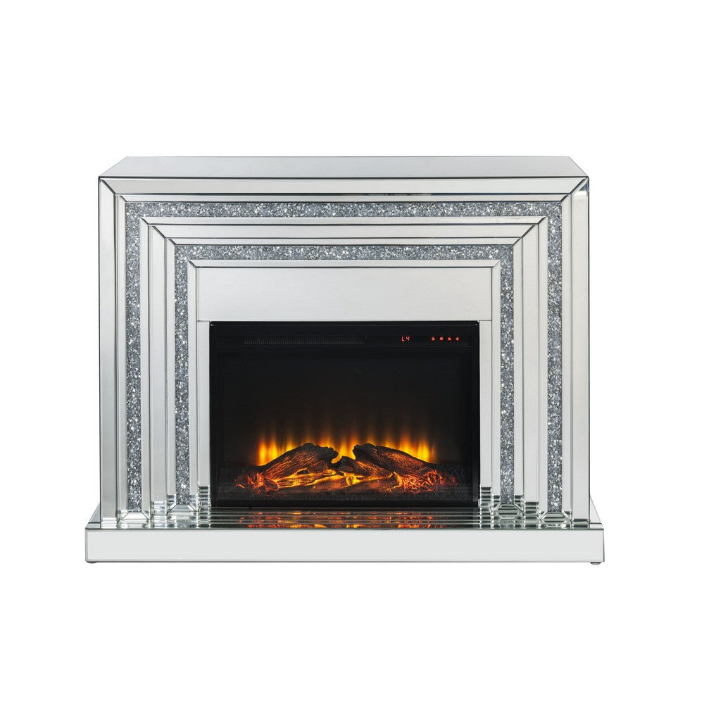 Electric Fireplace with Mirror Panel Framing and Faux Crystals Inlay,Silver By Casagear Home BM226903