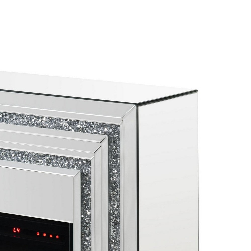 Electric Fireplace with Mirror Panel Framing and Faux Crystals Inlay,Silver By Casagear Home BM226903