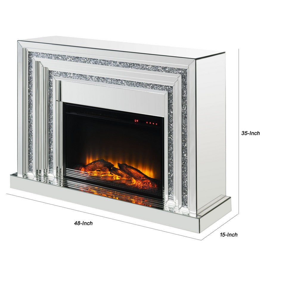 Electric Fireplace with Mirror Panel Framing and Faux Crystals Inlay,Silver By Casagear Home BM226903