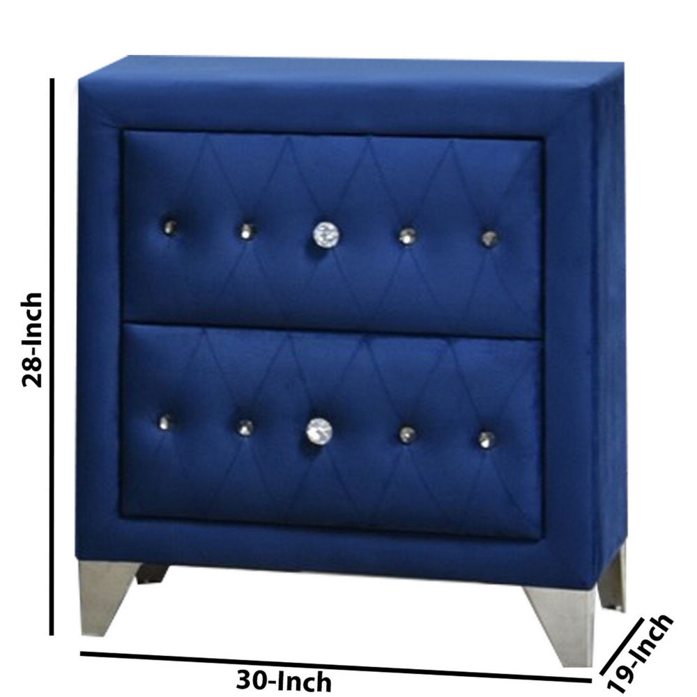 Velvet Upholstered 2 Drawer Wooden Nightstand with Faux Crustal Knobs Blue By Casagear Home BM226917