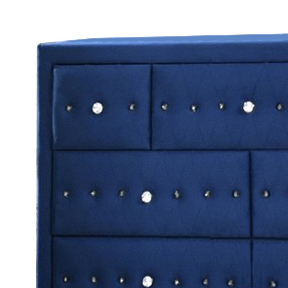 Velvet Upholstered 7 Drawer Wooden Dresser with Faux Crustal Knobs Blue By Casagear Home BM226918