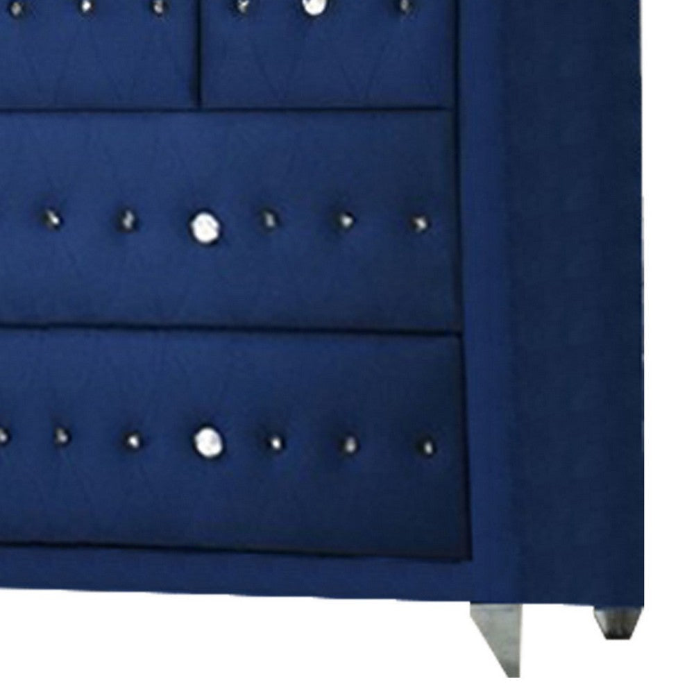 Velvet Upholstered 7 Drawer Wooden Dresser with Faux Crustal Knobs Blue By Casagear Home BM226918