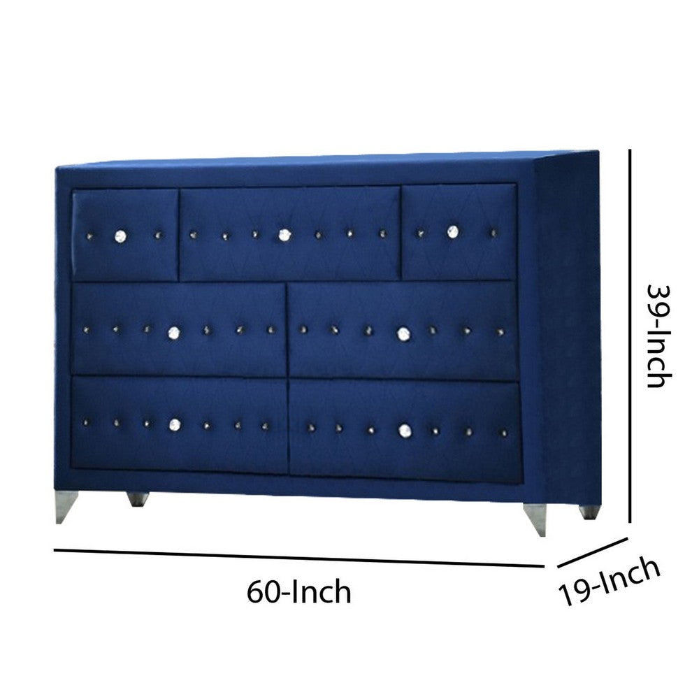 Velvet Upholstered 7 Drawer Wooden Dresser with Faux Crustal Knobs Blue By Casagear Home BM226918