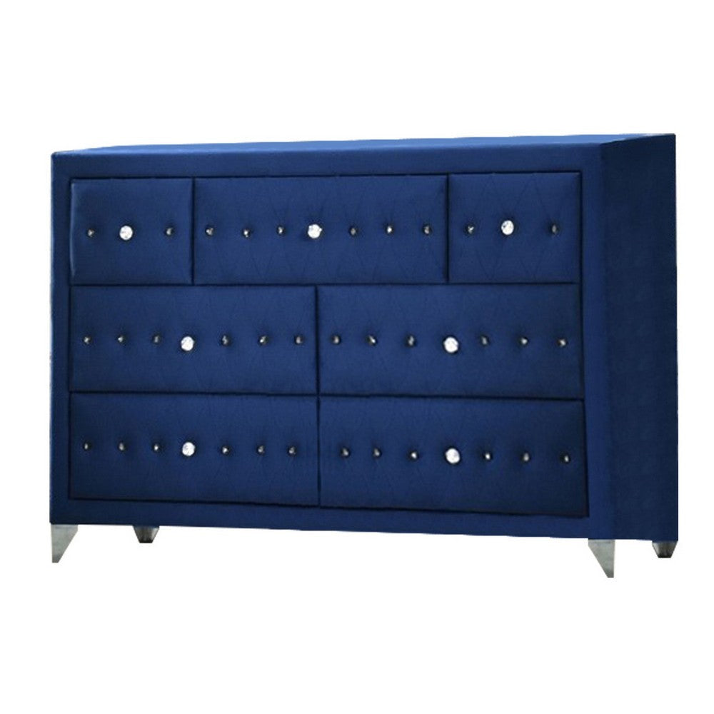 Velvet Upholstered 7 Drawer Wooden Dresser with Faux Crustal Knobs, Blue By Casagear Home