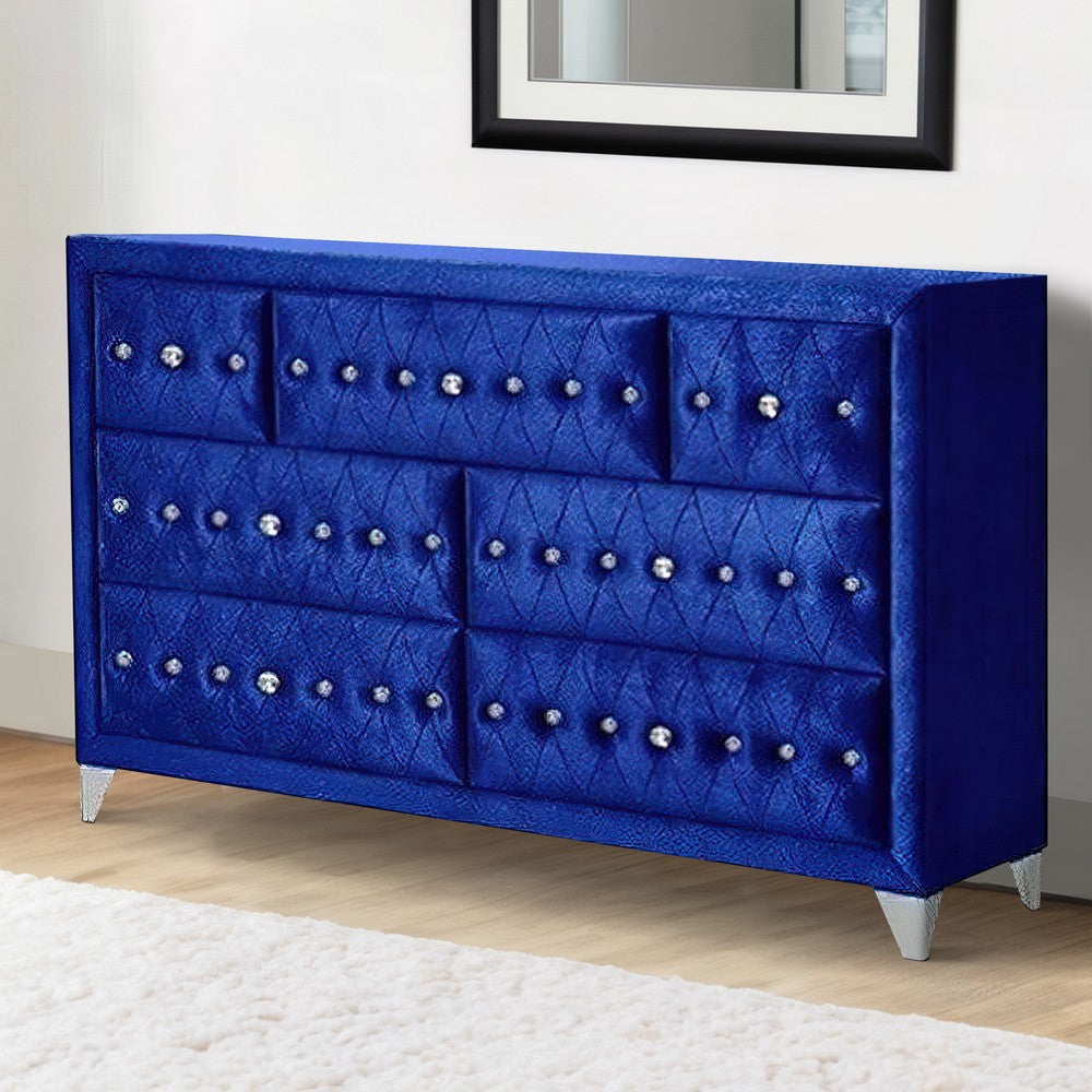 Velvet Upholstered 7 Drawer Wooden Dresser with Faux Crustal Knobs Blue By Casagear Home BM226918