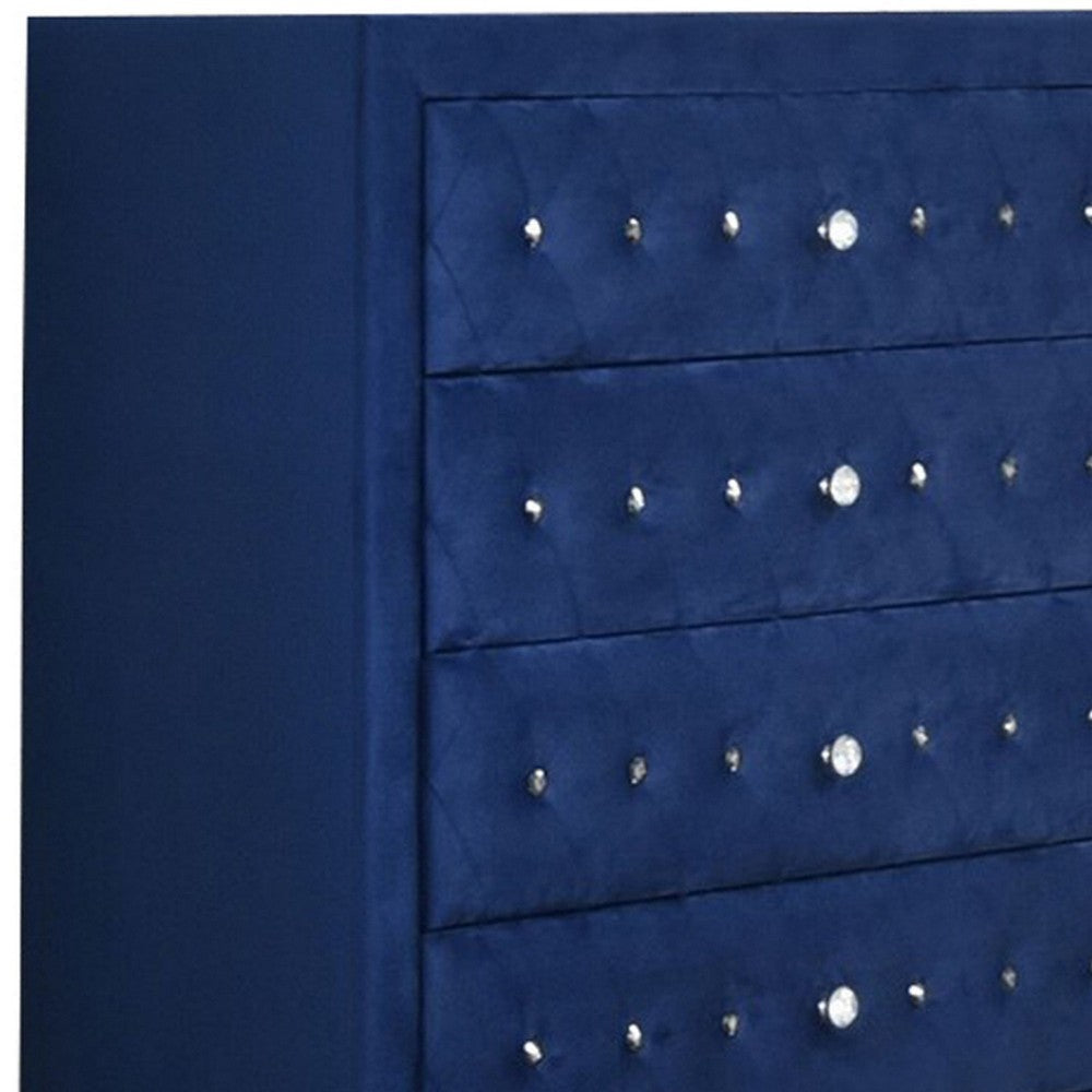 Velvet Upholstered 5 Drawer Wooden Chest with Faux Crustal Knobs Blue By Casagear Home BM226919