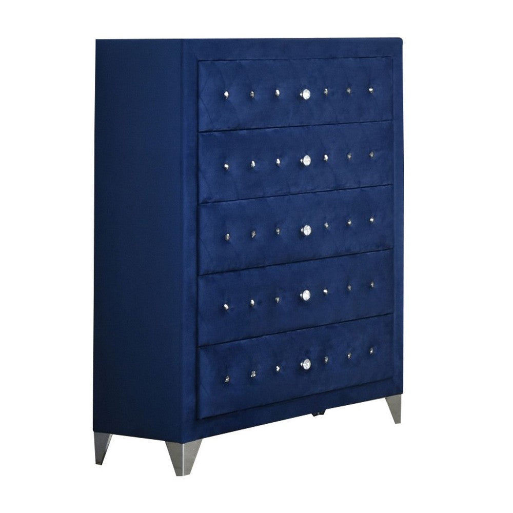 Velvet Upholstered 5 Drawer Wooden Chest with Faux Crustal Knobs, Blue By Casagear Home