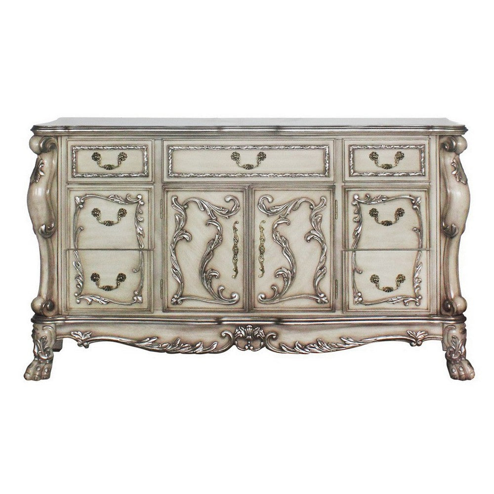 Traditional Wooden Nightstand with 7 Drawers and Carved Details Silver By Casagear Home BM226926