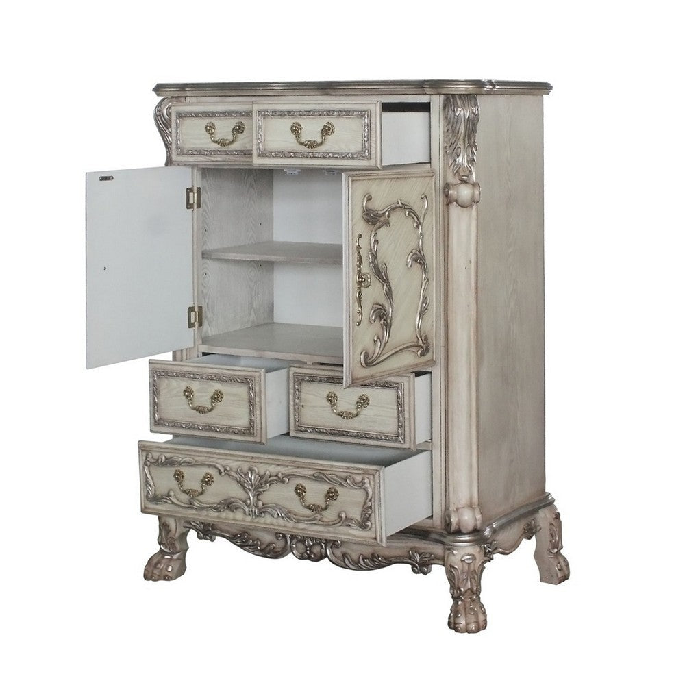 Traditional Wooden Chest with 5 Drawers and Carved Details Silver By Casagear Home BM226927