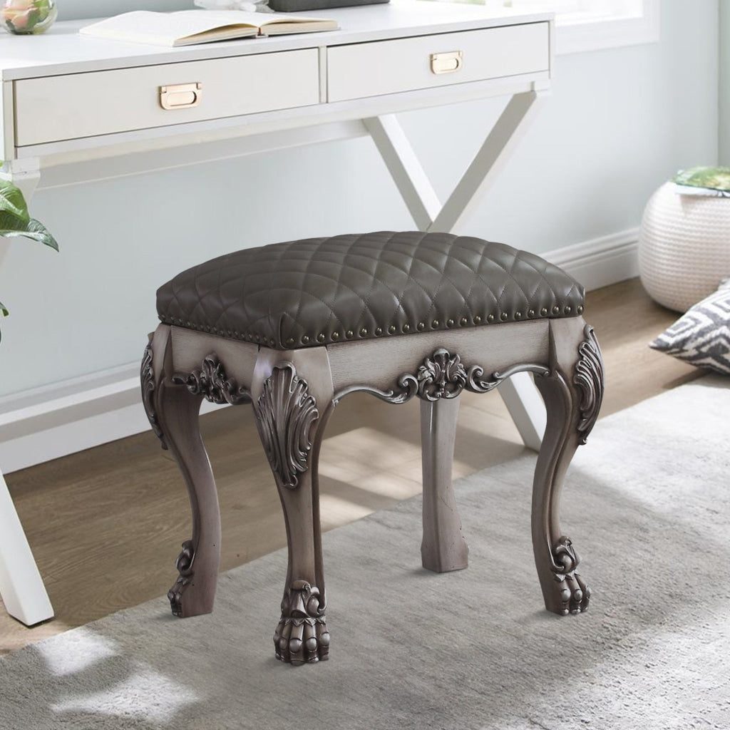 Traditional Wooden Vanity Stool with Leatherette Seat and Claw Legs, Gray By Casagear Home