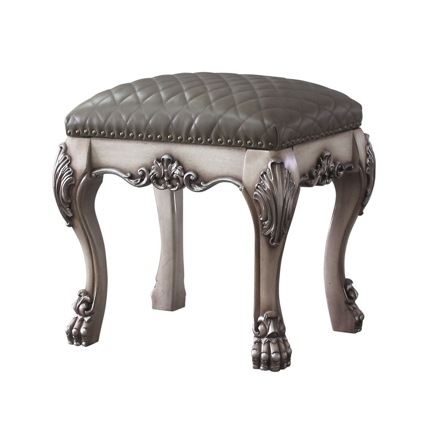 Traditional Wooden Vanity Stool with Leatherette Seat and Claw Legs Gray By Casagear Home BM226928