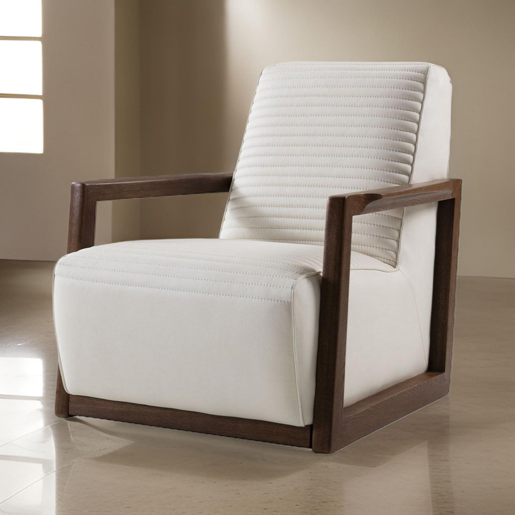 Horizontally Stitched Leather Accent Chair with Wooden Arms,White and Brown By Casagear Home