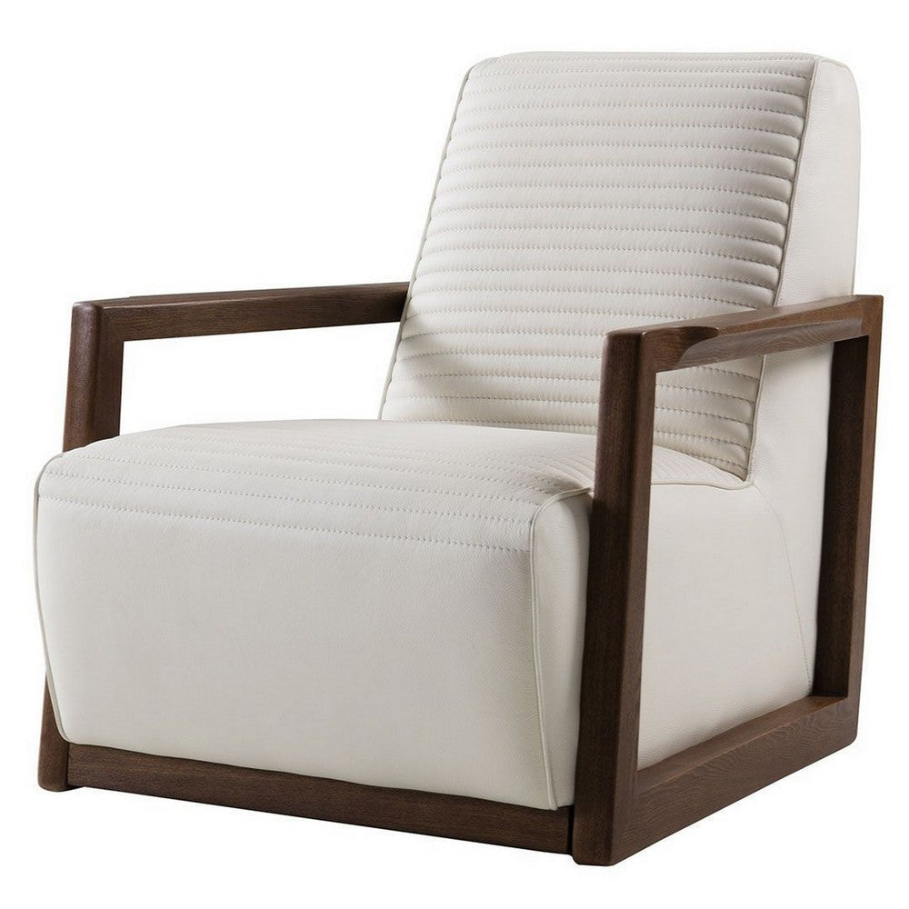 Horizontally Stitched Leather Accent Chair with Wooden Arms,White and Brown By Casagear Home