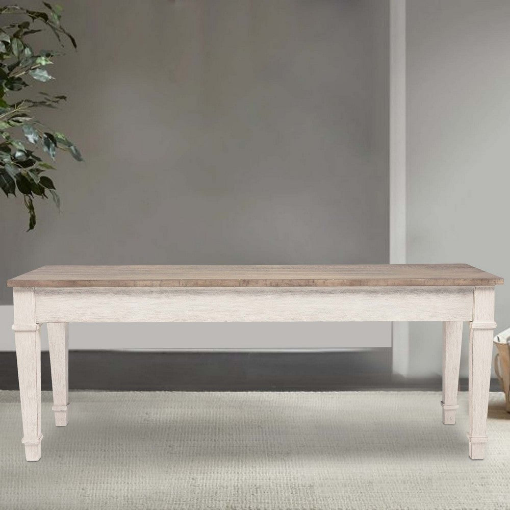 Rectangular Wooden Bench with Under seat Storage, Antique White and Brown By Casagear Home