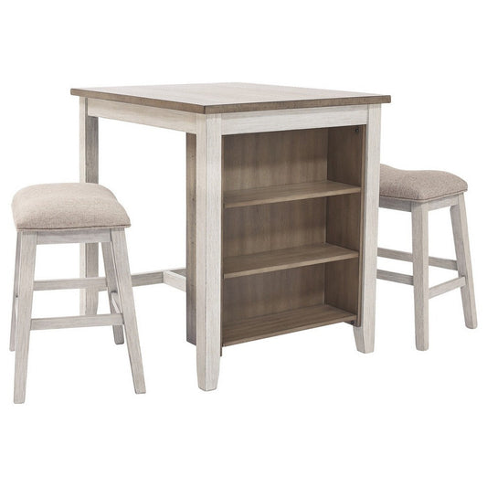 3 Piece Counter Height Table and Barstool Set, Antique White and Brown By Casagear Home