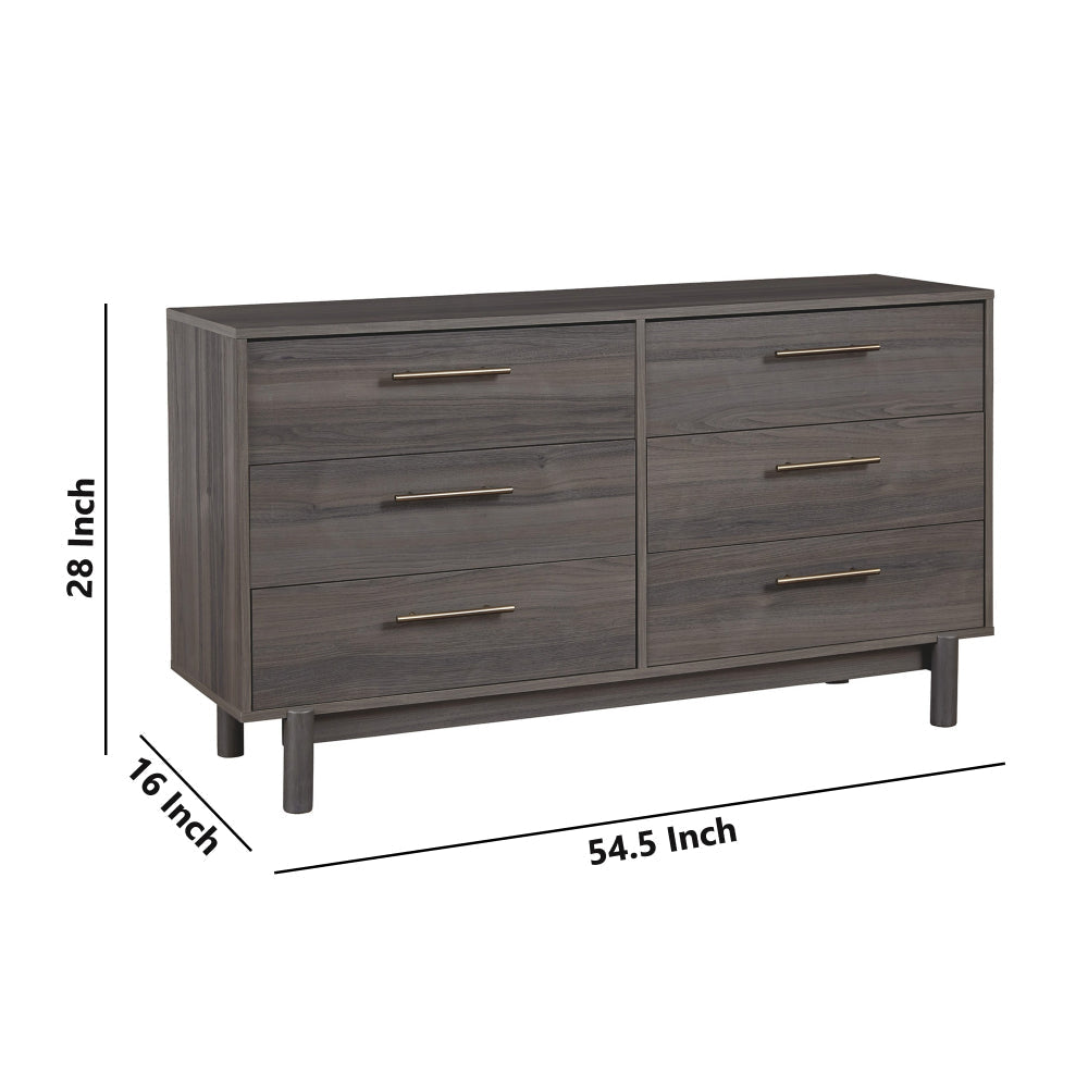 6 Drawer Contemporary Wooden Dresser with Metal Bar Handles Gray By Casagear Home BM227065