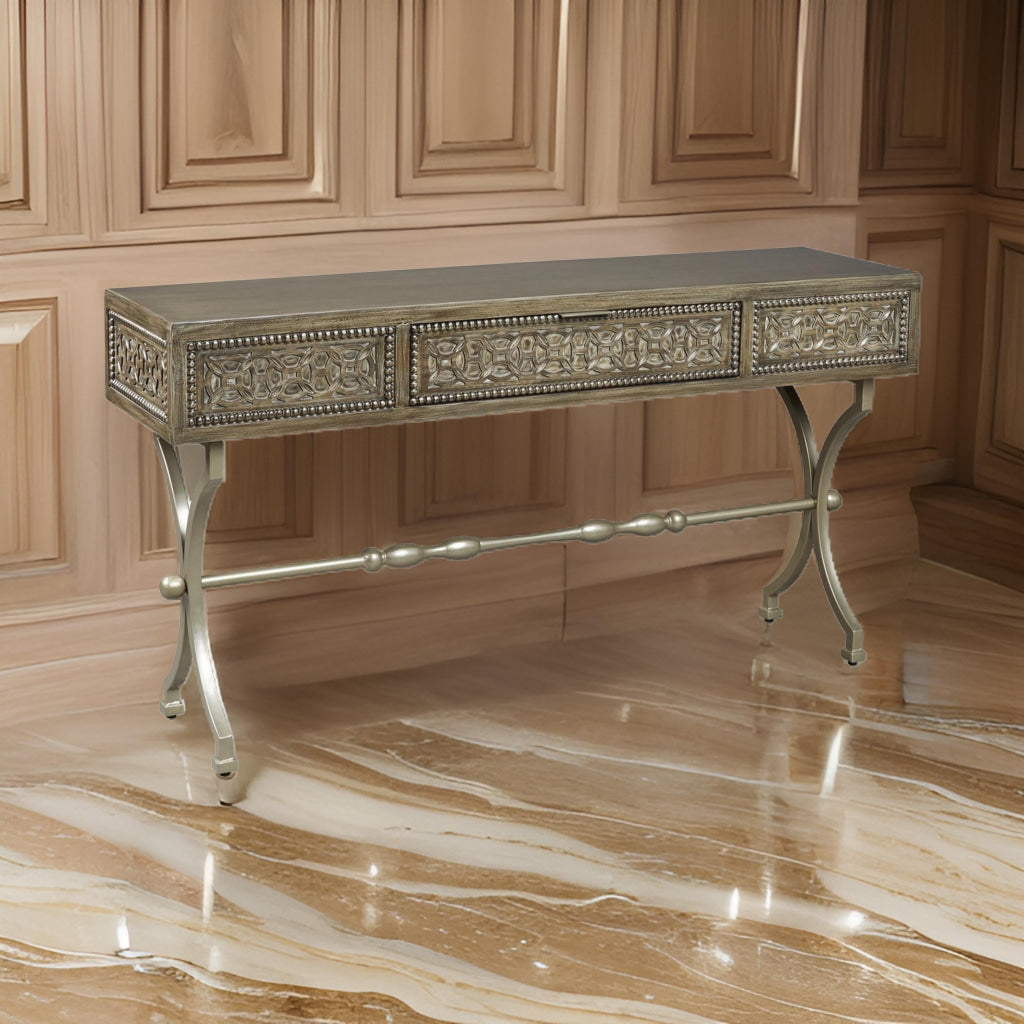 1 Drawer Console Sofa Table with Medallion Pattern and X Shaped Legs Brown By Casagear Home BM227088