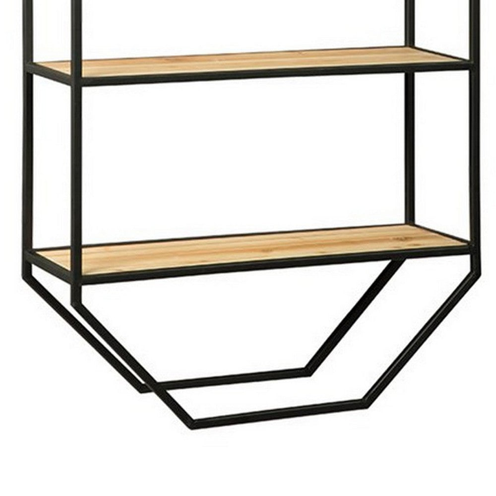 4 Tier Wooden Wall Shelf with Octagonal Open Metal Frame Black By Casagear Home BM227144