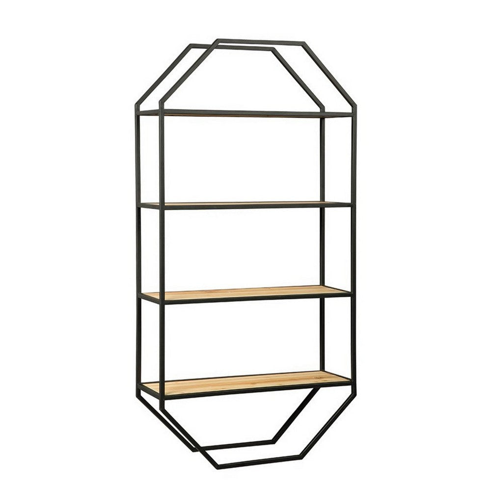 4 Tier Wooden Wall Shelf with Octagonal Open Metal Frame, Black By Casagear Home