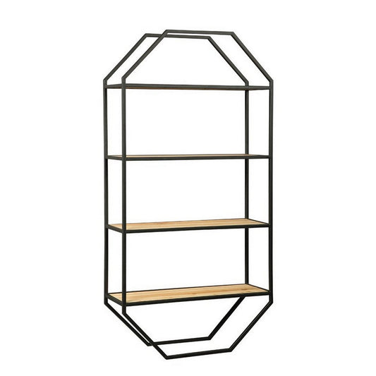 4 Tier Wooden Wall Shelf with Octagonal Open Metal Frame, Black By Casagear Home