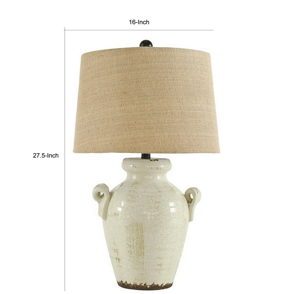 Ceramic Table Lamp with Vase Shaped Body and Fabric Shade White and Beige By Casagear Home BM227187