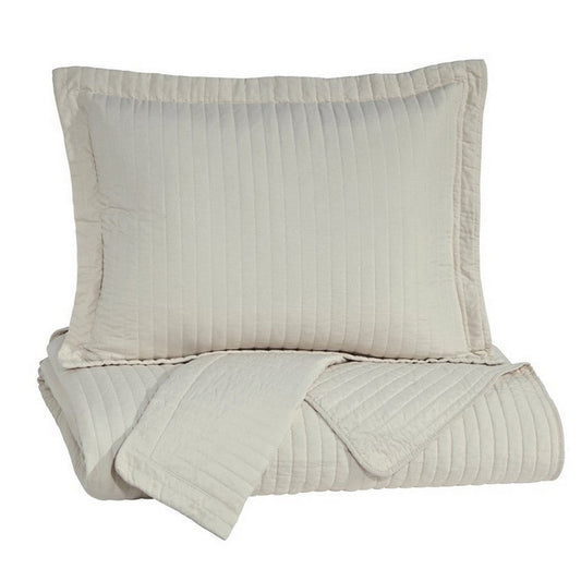 3 Piece Fabric King Coverlet Set with Stitched Ribbing Texture, Cream By Casagear Home