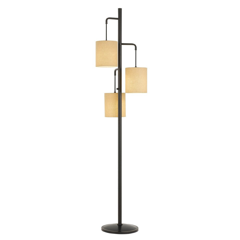 3 Light Lantern Design Metal Floor Lamp with Fabric Shades, Black and Beige By Casagear Home