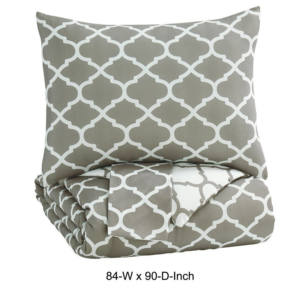 3 Piece Queen Comforter Set with Quatrefoil Design Gray and White By Casagear Home BM227504