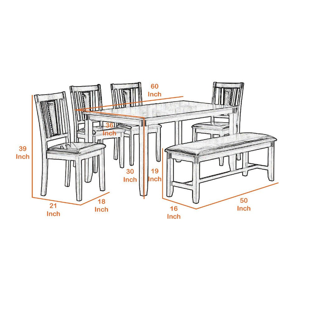 6 Piece Wooden Dining Set with Leatherette Padded Chair and Bench Gray By Casagear Home BM228549