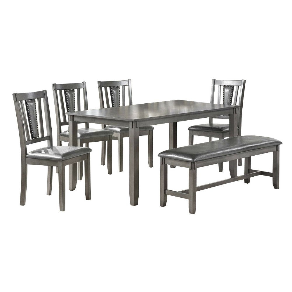 6 Piece Wooden Dining Set with Leatherette Padded Chair and Bench, Gray By Casagear Home