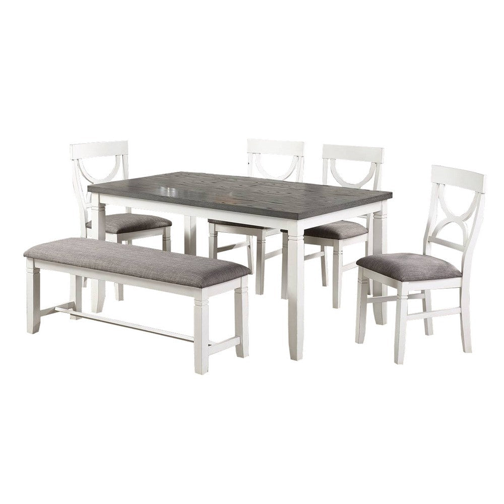 6 Piece Dining Set with Cut Out Back Chairs and Padded Bench, White and Gray By Casagear Home