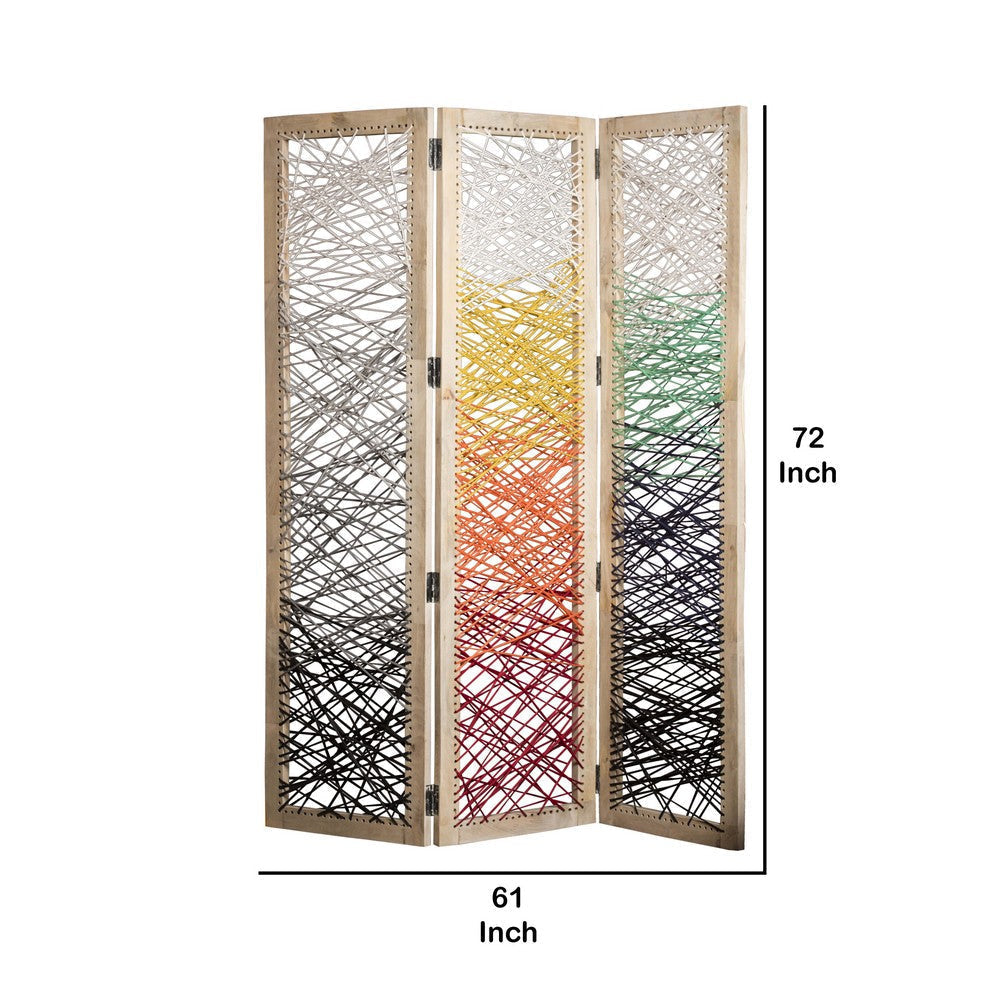 3 Panel Wooden Screen with Woven Reinforced Yarn Multicolor By Casagear Home BM228614