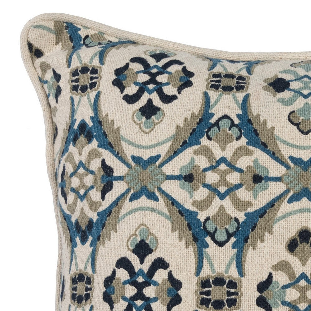 Fabric Throw Pillow with Medallion Print Cream and Blue By Casagear Home BM228869